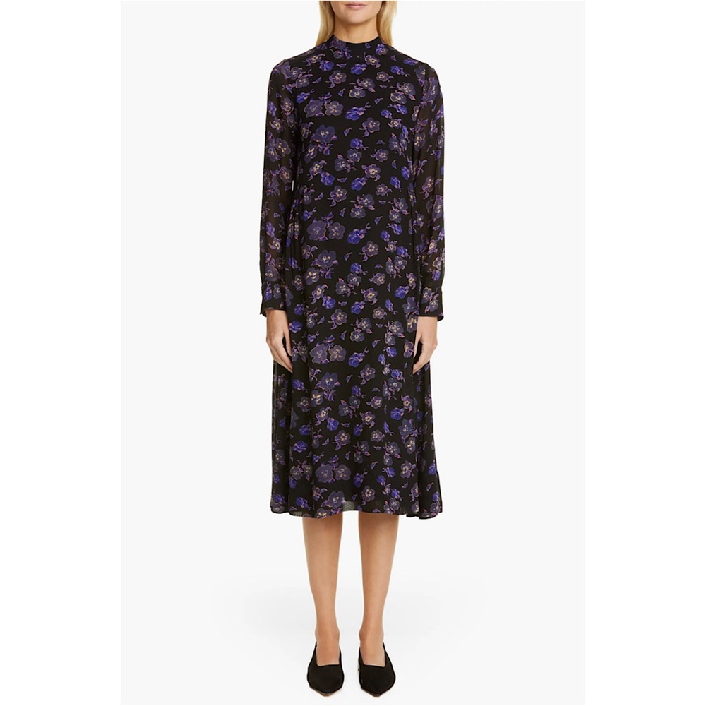 GANNI Floral Print Georgette Long Sleeve Midi Dress 38